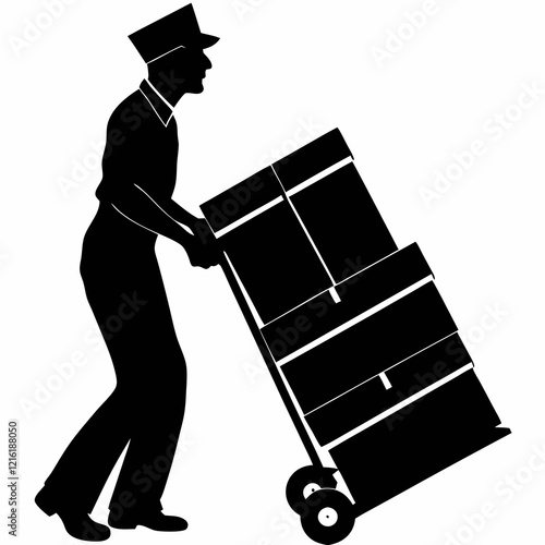 
A man is pushing a cart with boxes on it. The boxes are stacked on top of each other
