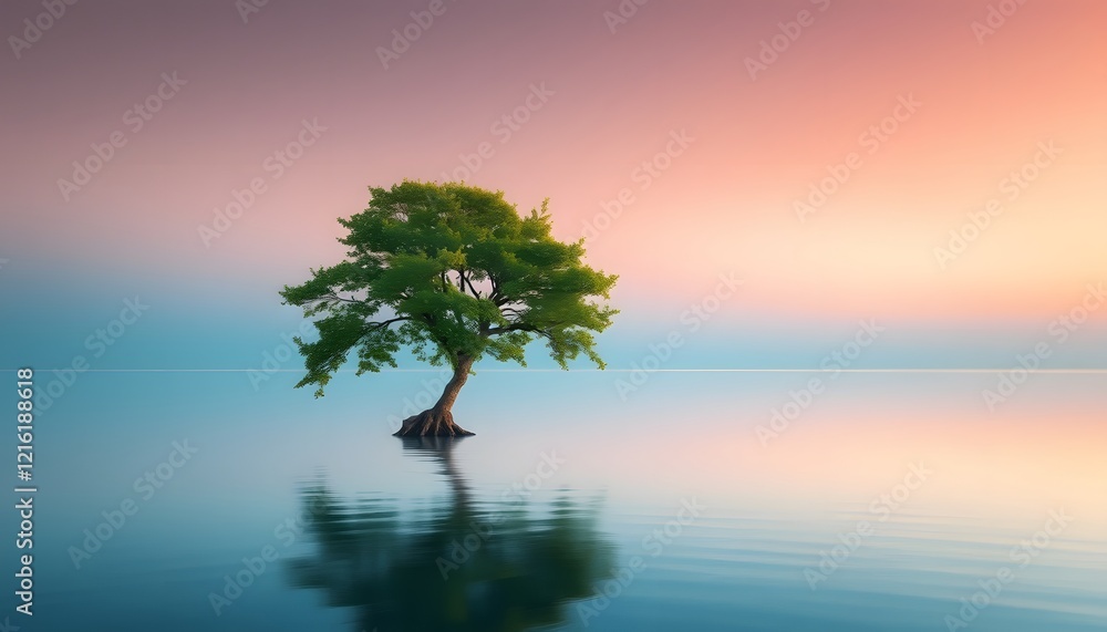 Serene Tree in Calm Water at Sunset Peaceful Nature Scene Serene Tree in Calm Water at Sunset Peaceful Nature Scene
