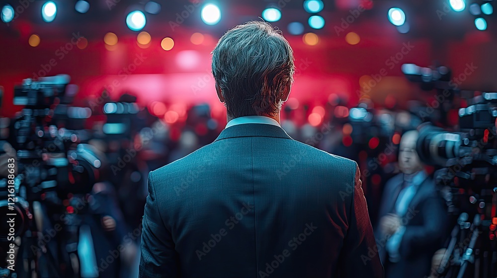 Back view of a business professional speaking to the press, surrounded by cameras and lights Back view of a business professional speaking to the press, surrounded by cameras and lights