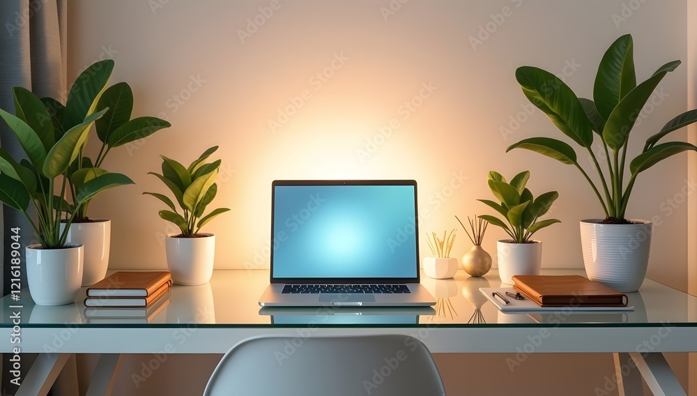 Fototapeta premium An inviting workspace scene with modern design, featuring clean arrangements, glowing laptops, and ambient lighting, ideal for focus and creativity. AI-generated.