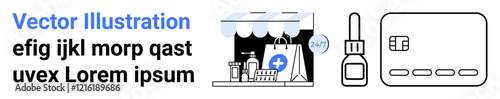 Online pharmacy storefront with shopping bags and a 247 sign, a delivery package, and a credit card. Ideal for e-commerce, healthcare, shipping, online payments, digital services, pharmaceutical