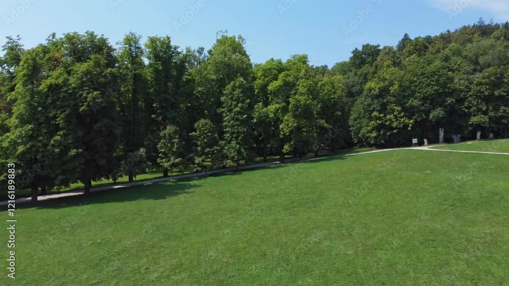 View of a tree-lined path in Tivoli Park with the Ljubljana cityscape visible in the background, Slovenia.