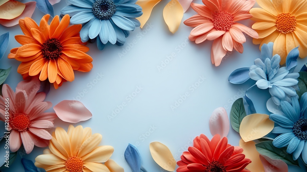 Vibrant Display of Colorful Blossoms in Various Shades of Red Yellow Pink and White Set Against a Rich Blue Background Creating a Cheerful and Lively Floral Arrangement Full of Joy Vibrant Display of Colorful Blossoms in Various Shades of Red Yellow Pink and White Set Against a Rich Blue Background Creating a Cheerful and Lively Floral Arrangement Full of Joy
