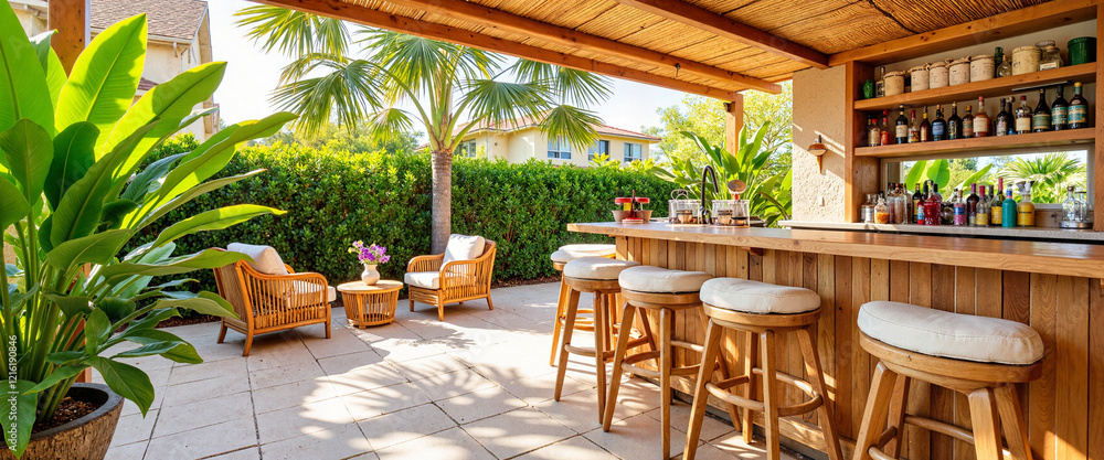 Fototapeta premium Tropical outdoor bar with bamboo furniture surrounded by lush greenery, relaxation
