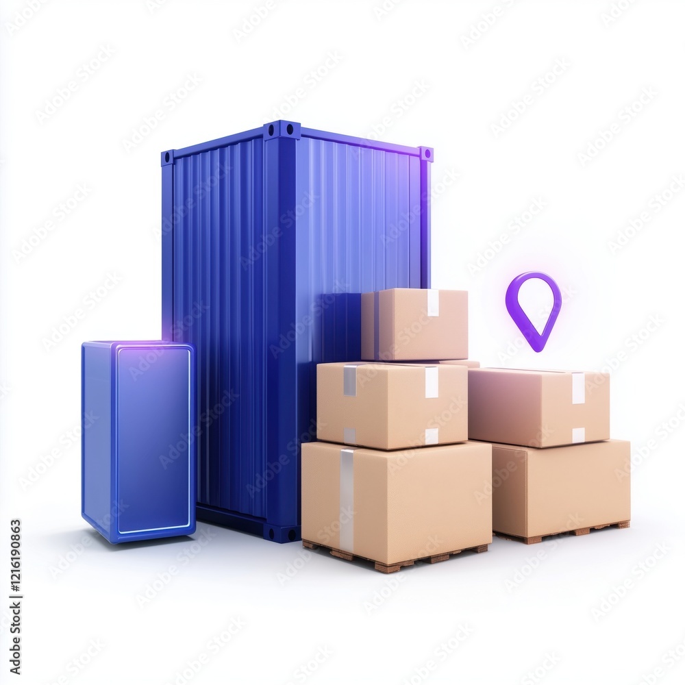Obraz premium A blue shipping container next to cardboard boxes on pallets, with a location pin icon, representing logistics and storage solutions.