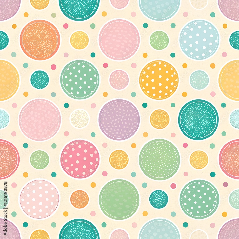 A pastel polka dot pattern of colorful circles forms an abstract, cheerful background. A pastel polka dot pattern of colorful circles forms an abstract, cheerful background.
