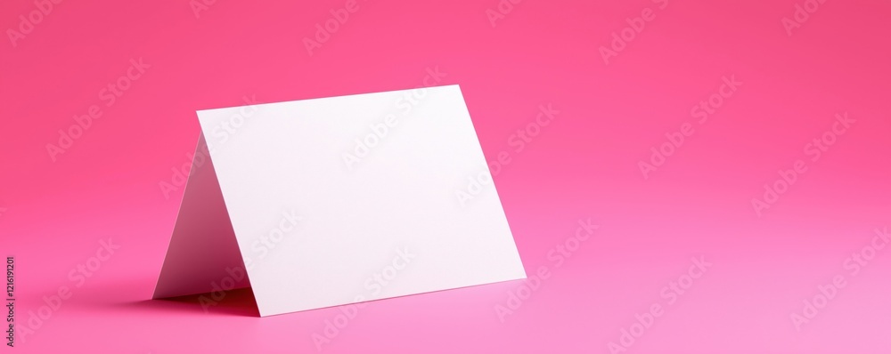 A simple, blank white card stands upright against a vibrant pink background, creating a clean and minimalistic visual. A simple, blank white card stands upright against a vibrant pink background, creating a clean and minimalistic visual.