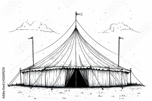 Wallpaper Mural Hand-Drawn Illustration of a Circus Tent with Flags and Open Entrance against a Cloudy Sky Background. Torontodigital.ca