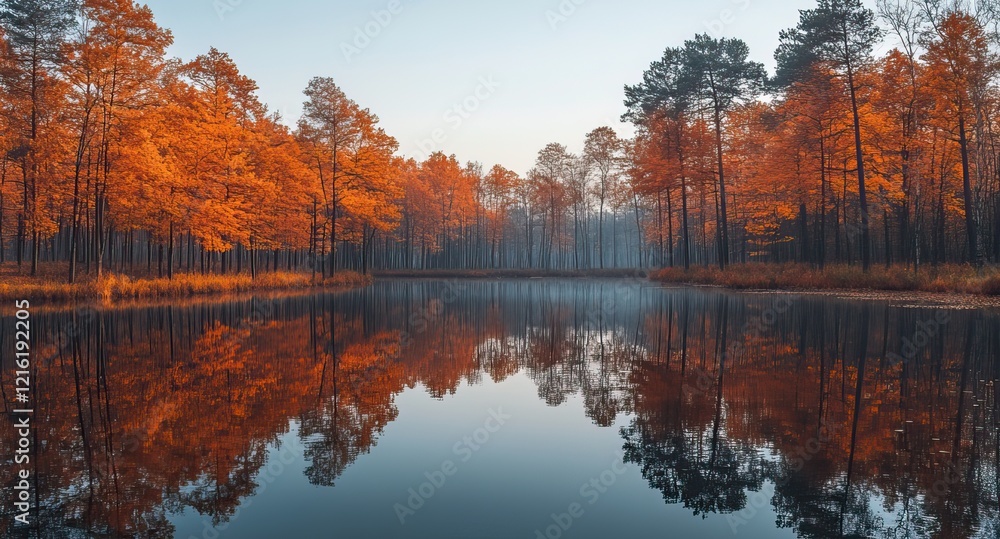Beautiful autumn scenery featuring vibrant trees and their reflections on a peaceful river, with the warm colors creating a tranquil atmosphere Beautiful autumn scenery featuring vibrant trees and their reflections on a peaceful river, with the warm colors creating a tranquil atmosphere