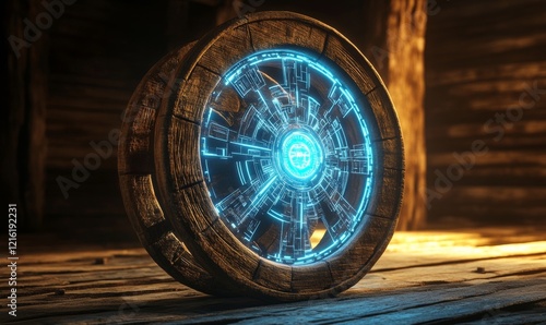 3D render of an old, wooden cartwheel evolving into a high-tech, illuminated digital wheel, showcasing the concept Reinvent the Wheel as progress from old to new., Generative AI photo