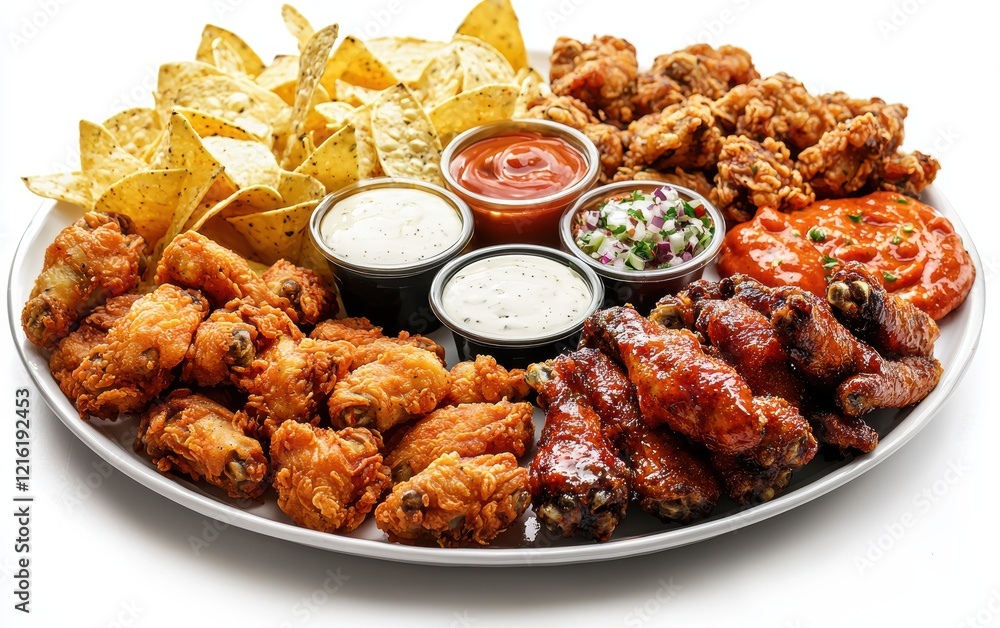 Fototapeta premium Classic Super Bowl party platter mockup with crispy chicken wings, nachos, and dipping sauces, isolated on bright white background
