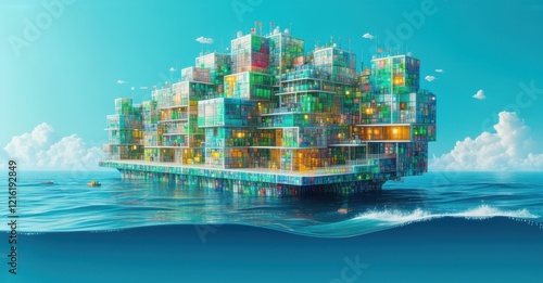 Floating city constructed from recycled materials, thriving above rising ocean. Stacked modular structures glow with vibrant colors, blending sustainability with futuristic design photo