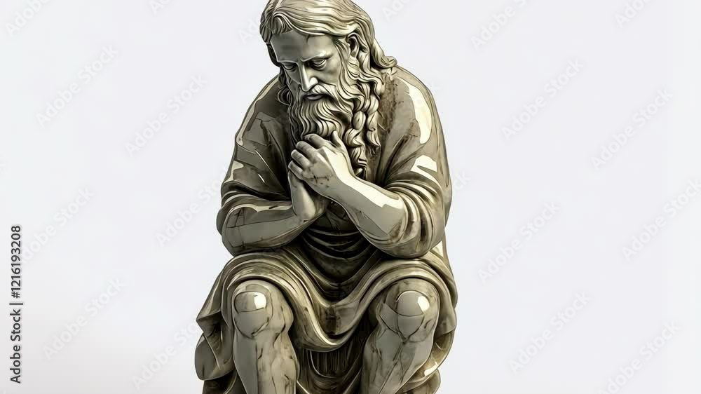 Sculpture of a contemplative figure with long hair and beard, seated in a natural pose Sculpture of a contemplative figure with long hair and beard, seated in a natural pose