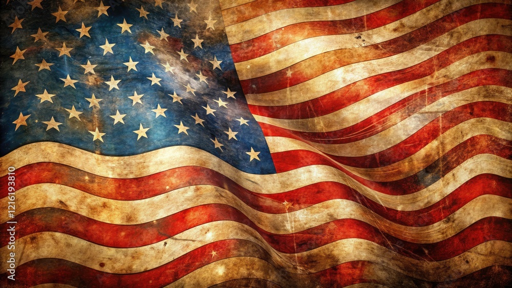 Fototapeta premium Wavy, abstract stripes and thirteen stars form a surreal, aged American flag; a fantasy of vintage patriotism.