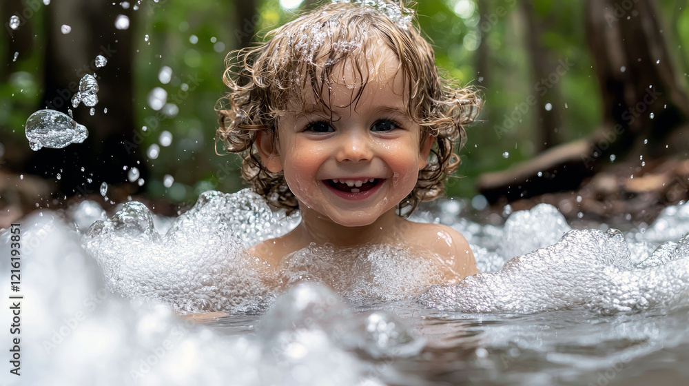 Obraz premium A Happy Child Playing in a Forest Stream: Joyful Moments in Nature