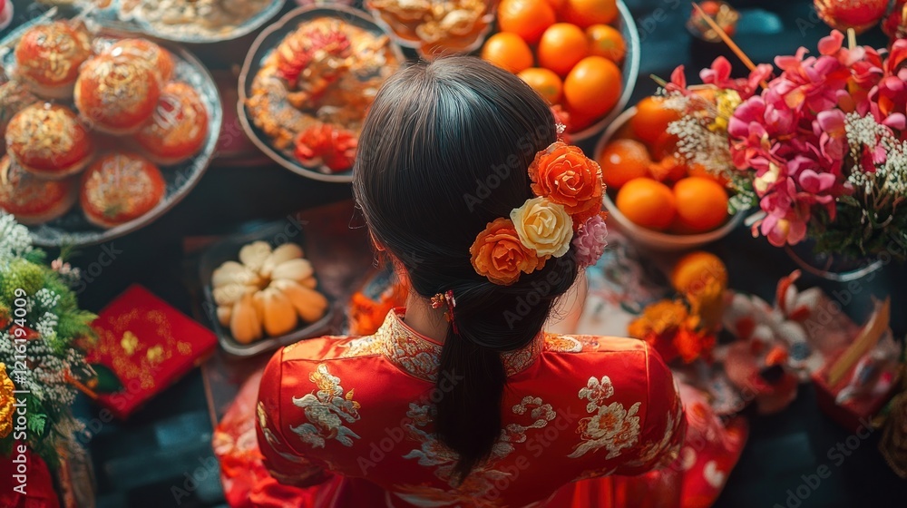 Lunar New Year Tradition: A Woman in Red Celebrates Lunar New Year Tradition: A Woman in Red Celebrates