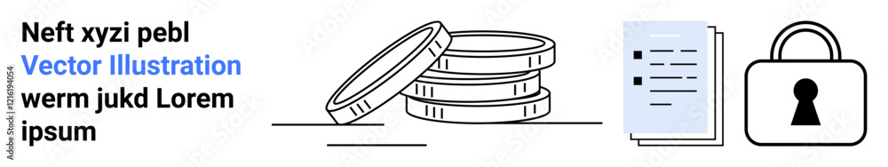 Stack of coins, document with text, and a padlock signifying security. Ideal for financial security, data protection, digital currency, savings, investment, online privacy secure transactions Stack of coins, document with text, and a padlock signifying security. Ideal for financial security, data protection, digital currency, savings, investment, online privacy secure transactions