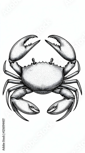 Detailed Ink Drawing of a Crab with Large Claws and Textured Shell on a White Background photo