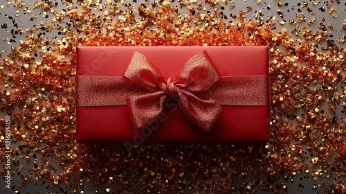 Black Friday concept This first-person top-view photo captures a girl's hands delicately untying a ribbon bow on a red gift box over gold glowing confetti on an isolated white background