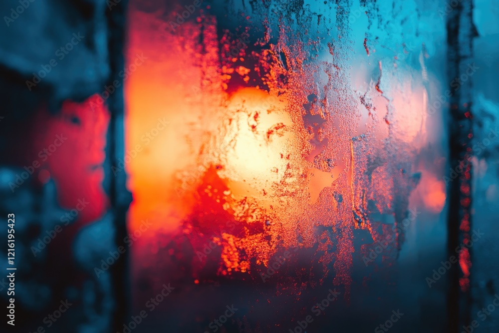 Frosty windowpane with vibrant red and blue hues, showcasing a blurry sunset. Frosty windowpane with vibrant red and blue hues, showcasing a blurry sunset.