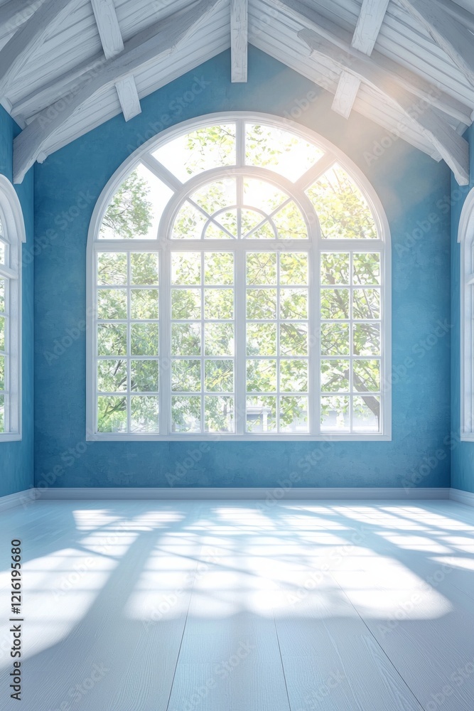 A dance studio with blue walls and large windows. Light is coming in from the windows, and the floor is painted white. A dance studio with blue walls and large windows. Light is coming in from the windows, and the floor is painted white.
