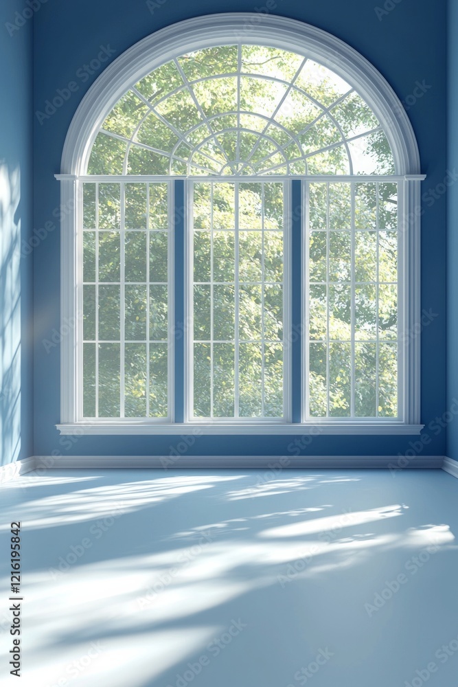 Fototapeta premium A dance studio with blue walls and large windows. Light is coming in from the windows, and the floor is painted white. 