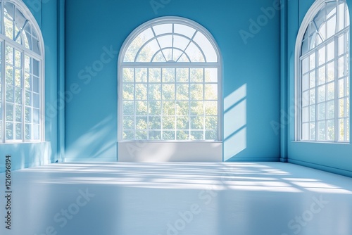 A dance studio with blue walls and large windows. Light is coming in from the windows, and the floor is painted white. 