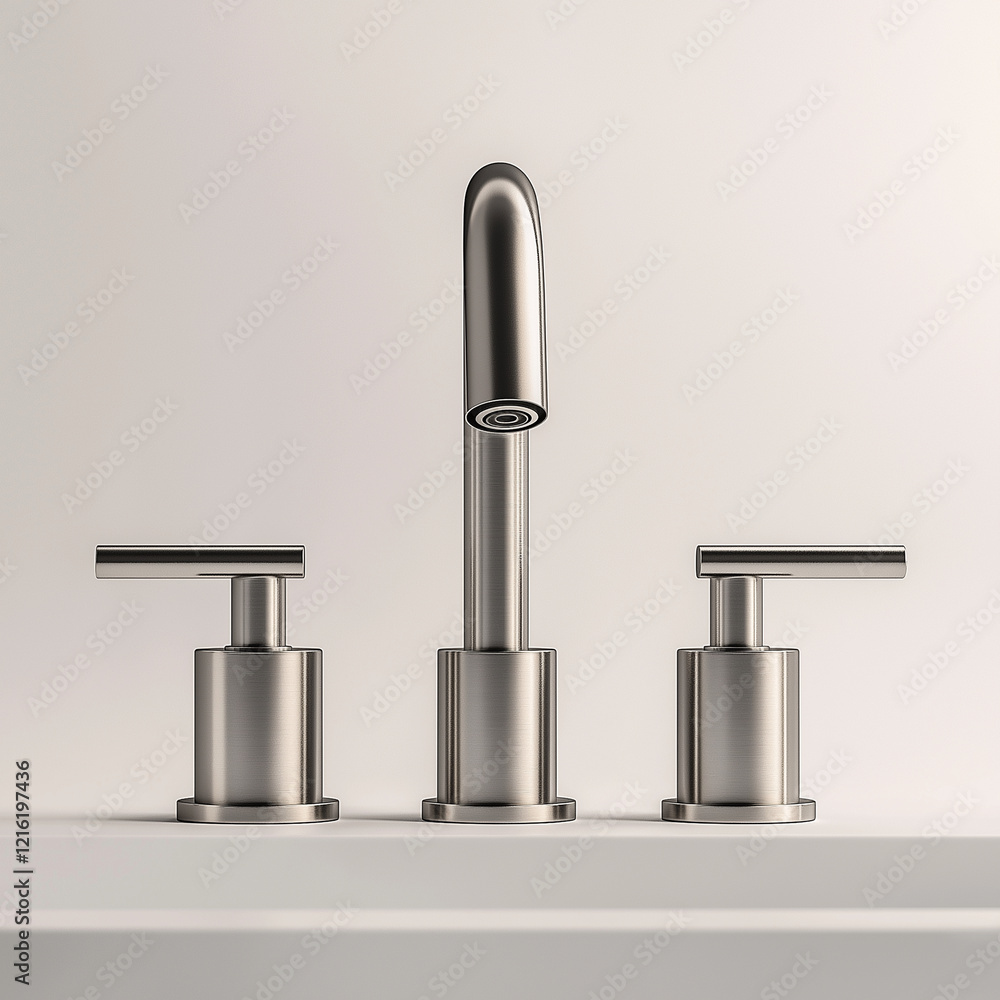 A sleek and modern faucet with three water control handles, designed in an elegant stainless steel finish against a white background. The faucet is cent A sleek and modern faucet with three water control handles, designed in an elegant stainless steel finish against a white background. The faucet is cent