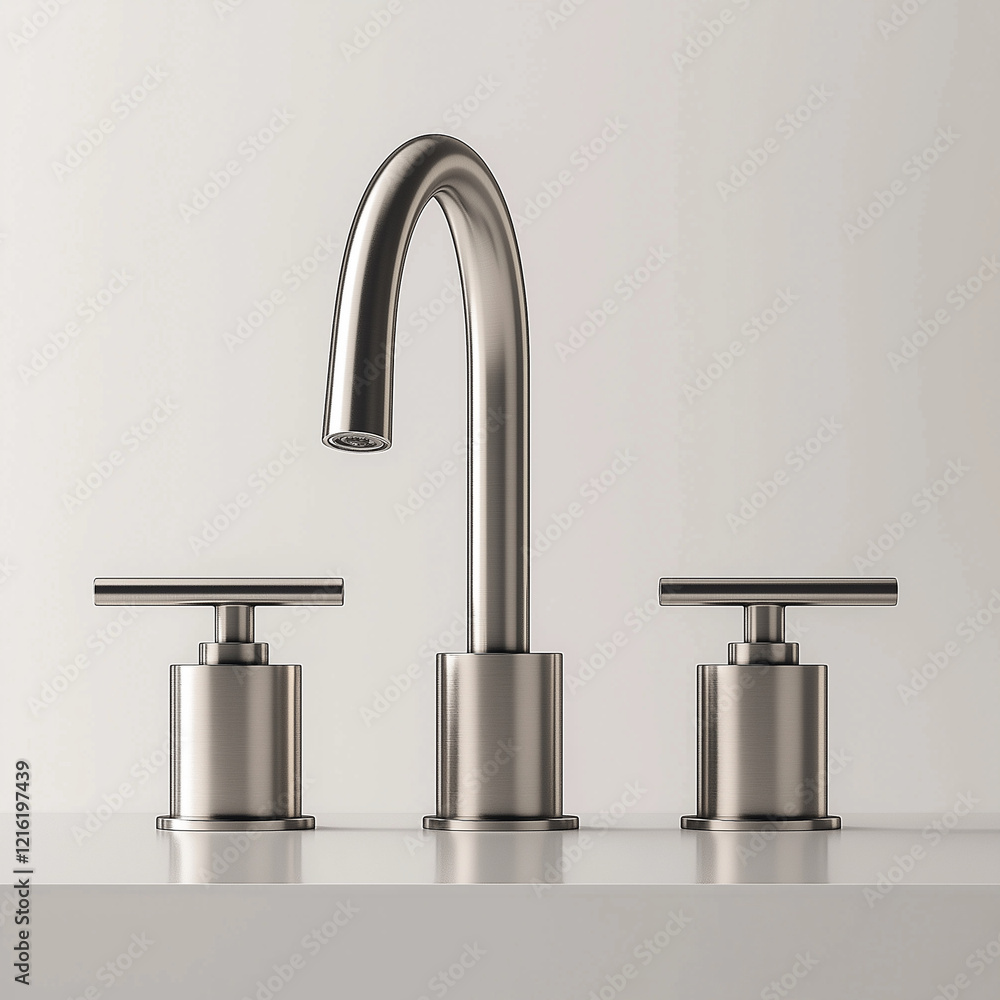 A sleek and modern faucet with three water control handles, designed in an elegant stainless steel finish against a white background. The faucet is cent A sleek and modern faucet with three water control handles, designed in an elegant stainless steel finish against a white background. The faucet is cent