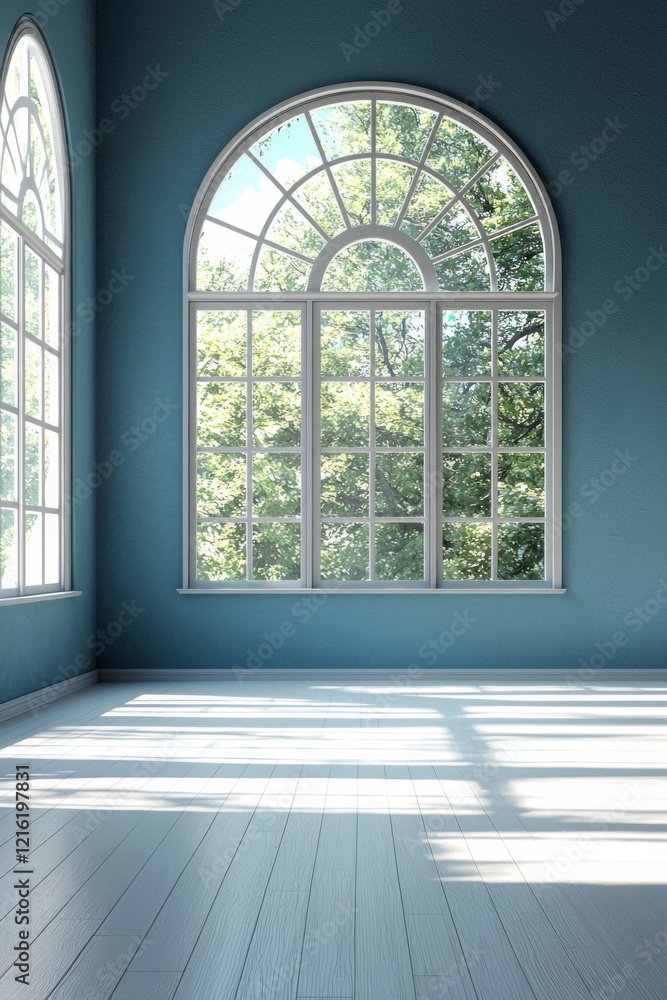 A dance studio with blue walls and large windows. Light is coming in from the windows, and the floor is painted white. A dance studio with blue walls and large windows. Light is coming in from the windows, and the floor is painted white.