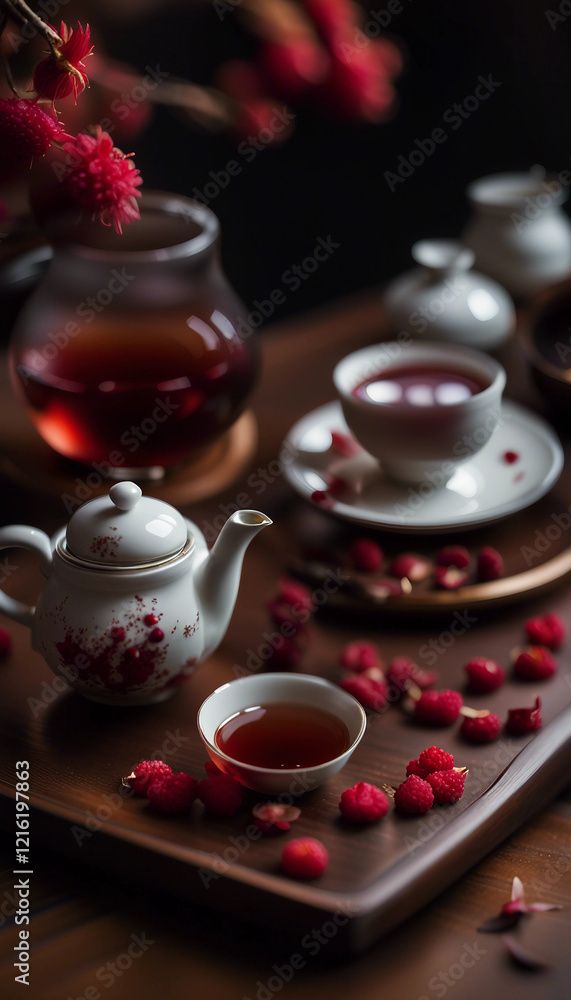 Fototapeta premium A serene composition featuring a steaming herbal tea, intricate teapot, and cozy textiles surrounded by warm candlelight and natural accents, evoking a sense of relaxation and tranquility.
