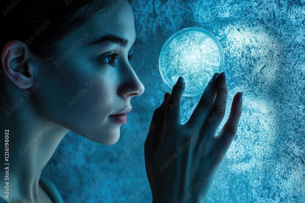 Naklejka premium A woman examines a petri dish containing a bacterial culture, her expression thoughtful and curious.