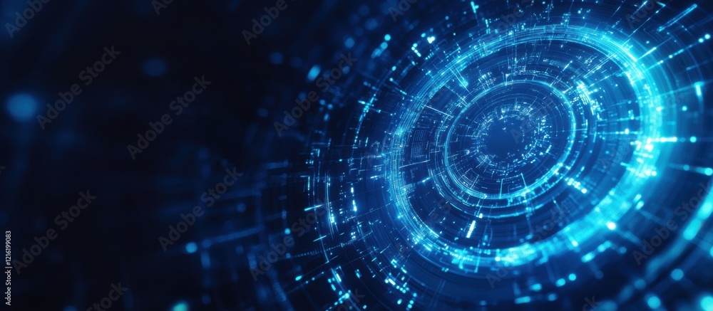 Futuristic Digital Technology Background with Abstract Circular Light Patterns and Blue Neon Glow Futuristic Digital Technology Background with Abstract Circular Light Patterns and Blue Neon Glow