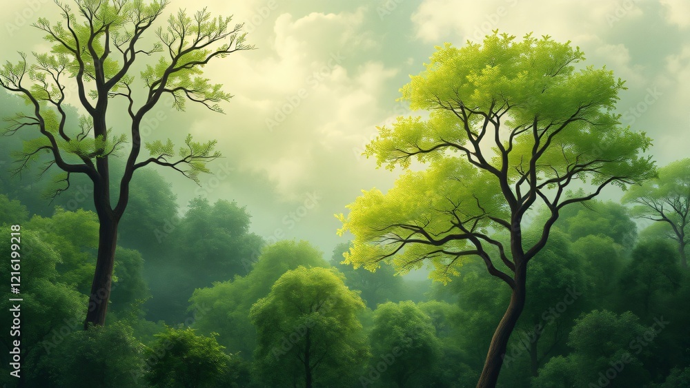 Serene Spring Forest Two Majestic Trees in a Misty Green Landscape Serene Spring Forest Two Majestic Trees in a Misty Green Landscape