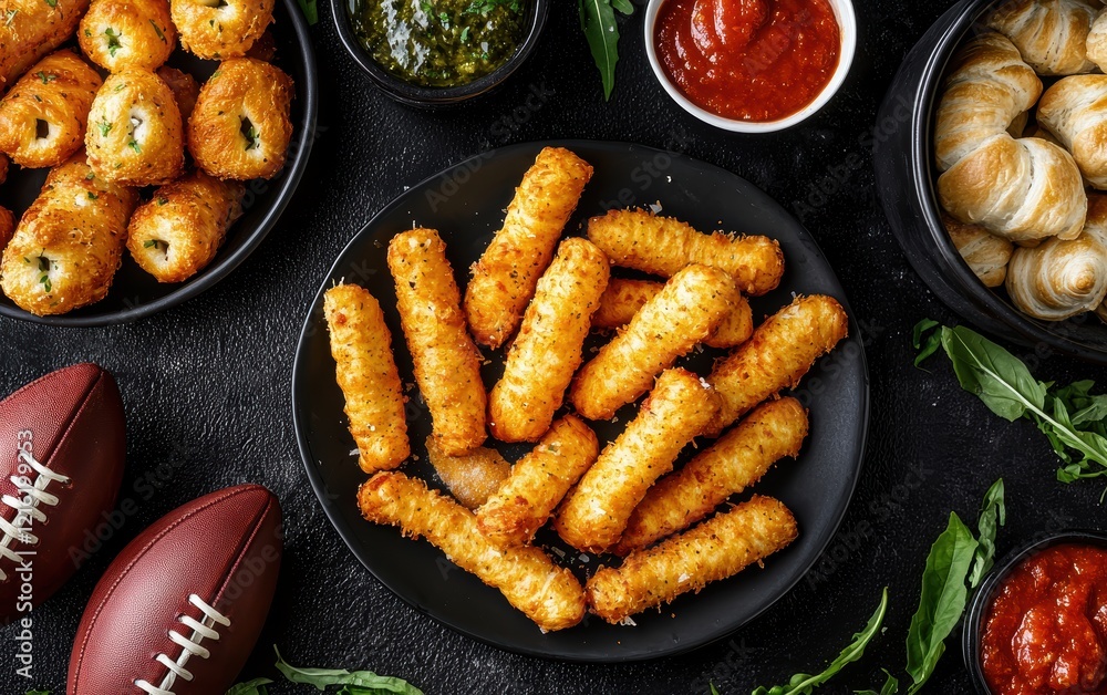 Football night party mockup with crispy mozzarella sticks, garlic knots, marinara sauce, and a football included in the setup, presented on a sleek black surface