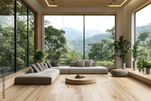Modern living room with wooden floors and nature view, 3D render