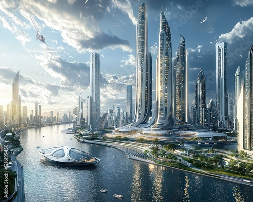Panoramic view a modern city with futuristic skyscrapers by the river