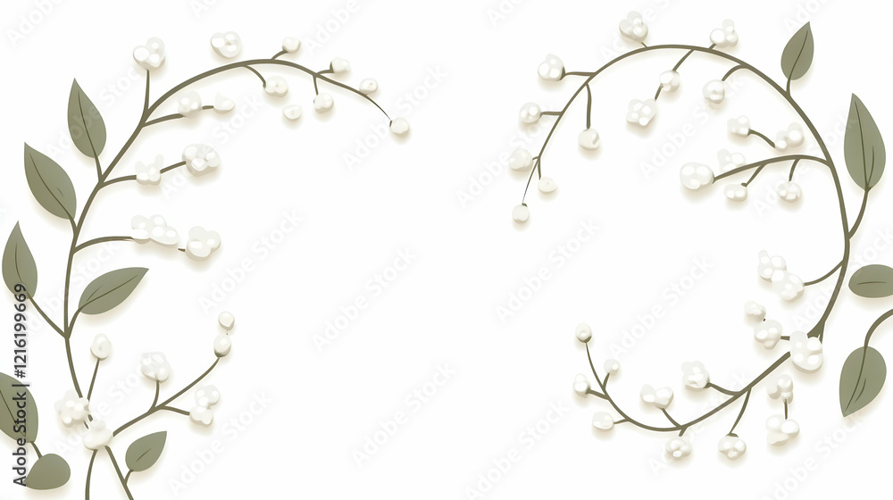 Delicate White Flowers Bloom on Graceful Branches, Creating a Serene Natural Frame on White Background Delicate White Flowers Bloom on Graceful Branches, Creating a Serene Natural Frame on White Background