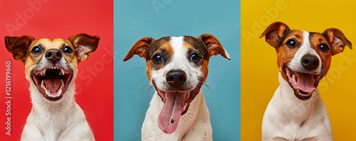 Three jack russell terrier dogs looking happy with tongues out on red, blue and yellow backgrounds photo