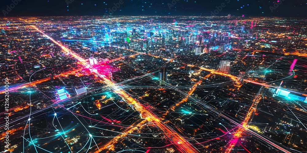 Cityscape Lights Intertwine with Digital Network Visualization at Night Cityscape Lights Intertwine with Digital Network Visualization at Night