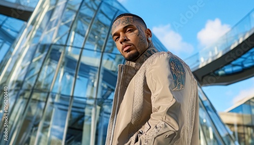 Wallpaper Mural Stylish man posing with face and body tattoos in front of modern architecture Torontodigital.ca