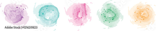 Set of watercolor circles brash multicolored. Colors watercolor paint stains white backgrounds. Colorful watercolor splashes.