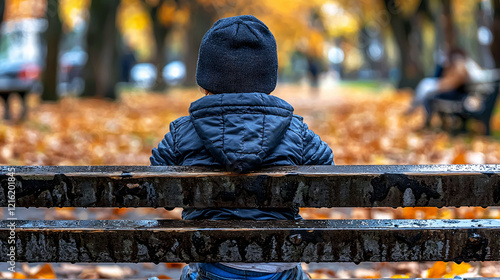 Wallpaper Mural A child sits alone on a park bench, surrounded by fallen autumn leaves. A poignant image of solitude and reflection during the fall season. Torontodigital.ca
