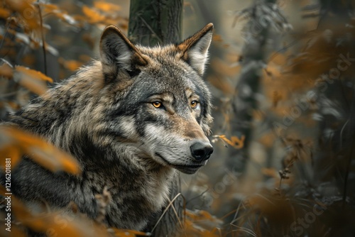 Grey wolf with striking yellow eyes gazing out from a fall woodland photo