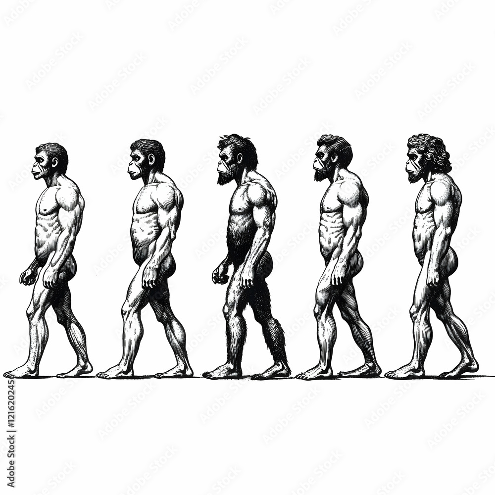 Fototapeta premium Evolutionary Progression Illustration Shows Hominid Development from Ape-like to Modern Human Ancestor Stages