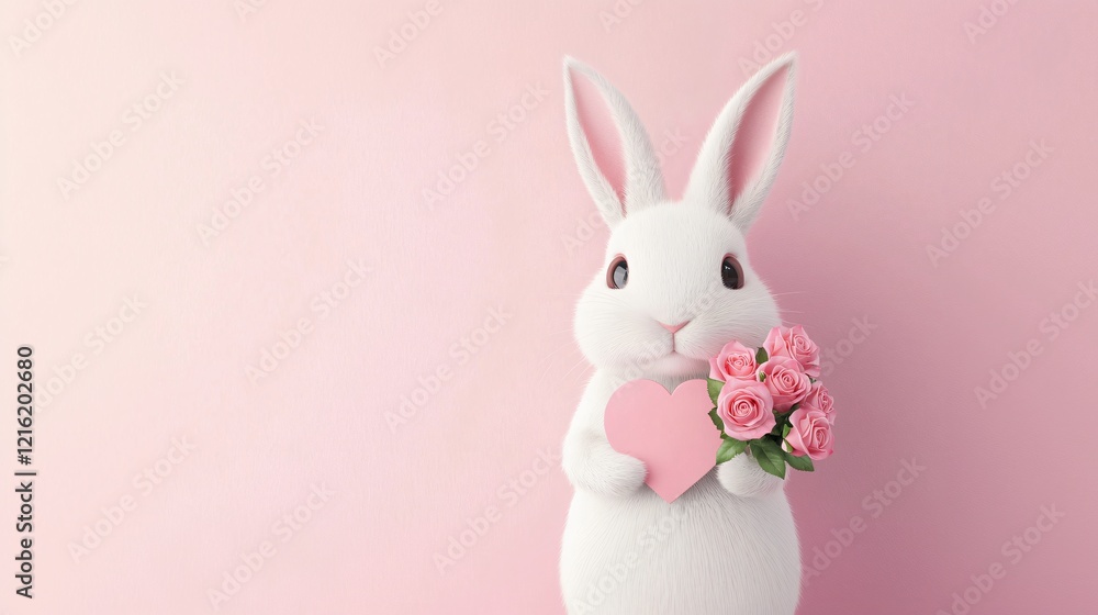 Obraz premium Adorable White Bunny Holding Pink Heart and Roses on Pink Background Valentine s Day Easter