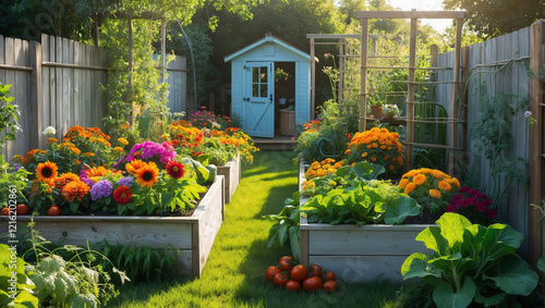 Wallpaper Mural Vibrant Backyard Garden with Raised Beds, Flowers, and Shed Torontodigital.ca