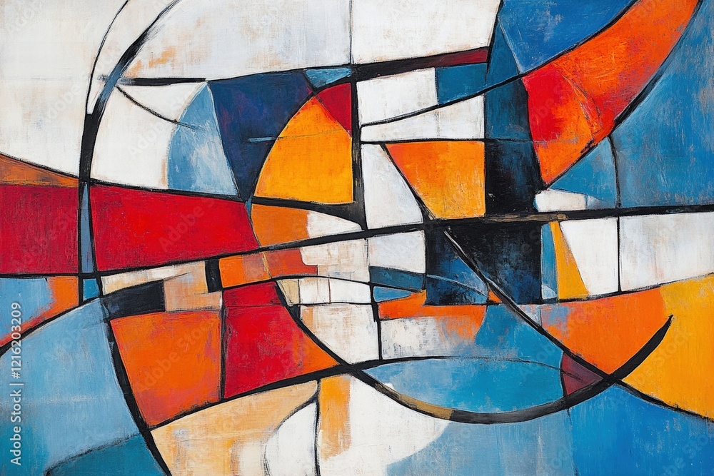 Fototapeta premium Abstract art piece featuring geometric shapes in vibrant colors like red, blue, orange, and white, creating a dynamic and modern visual composition for decoration.