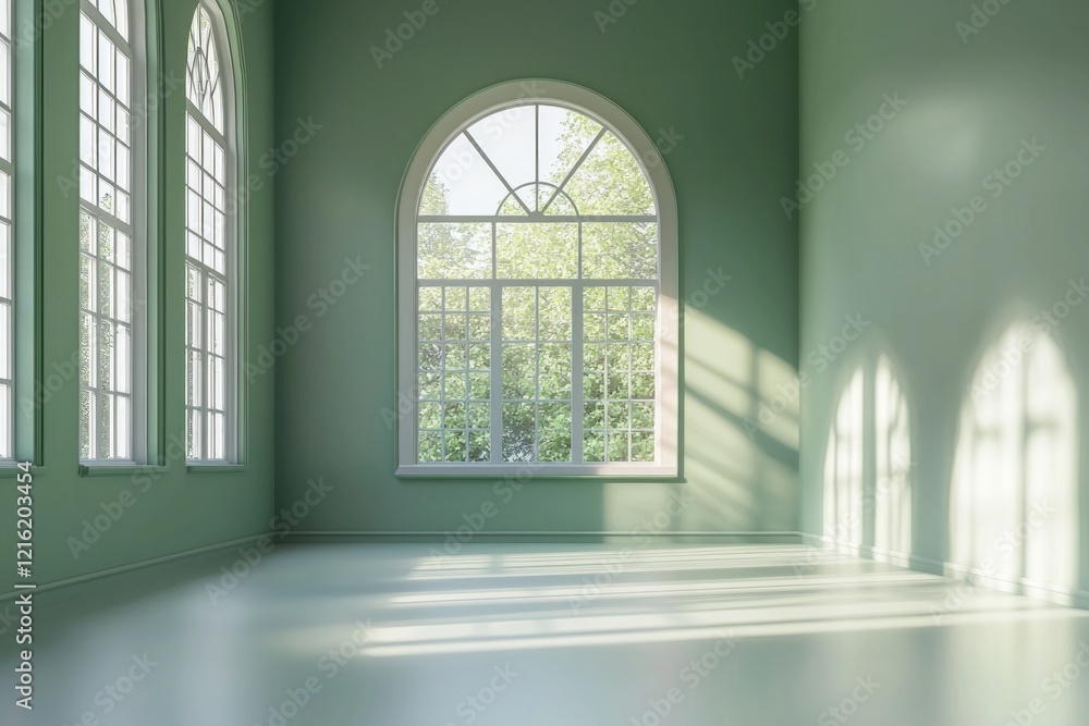 Fototapeta premium A dance studio with green walls and large windows. Light is coming in from the windows, and the floor is painted white. 