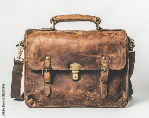 Vintage brown leather briefcase with shoulder strap, buckles, and worn texture on white background. photo